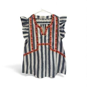 Entro Blue and White Striped Blouse with Red Embroidered Accents Small